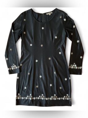POP STYLE 90s Long Sleeve Mini Dress w. Floral Decals | M | Black, White & Tan